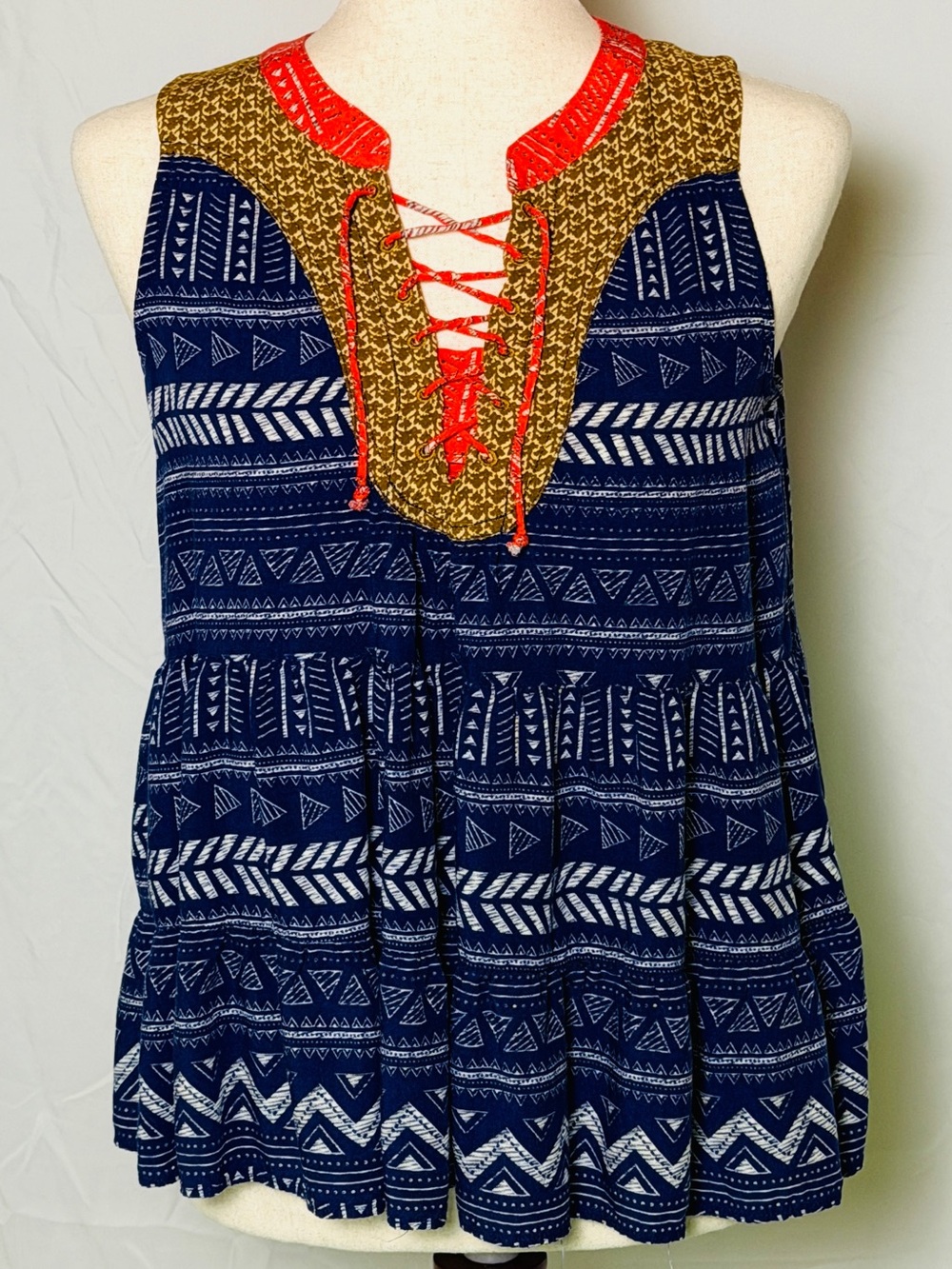 THML Navy Printed Lace-Up Tank with Red & Gold Yoke boho, cottagecore, festive S